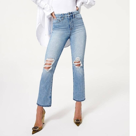 NWT GOOD AMERICAN 90s High Rise Distress Denim Rip Knee Bootcut Jean 2 - Picture 4 of 6